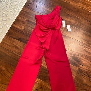 Jay Godfrey Red satin one shoulder jumpsuit